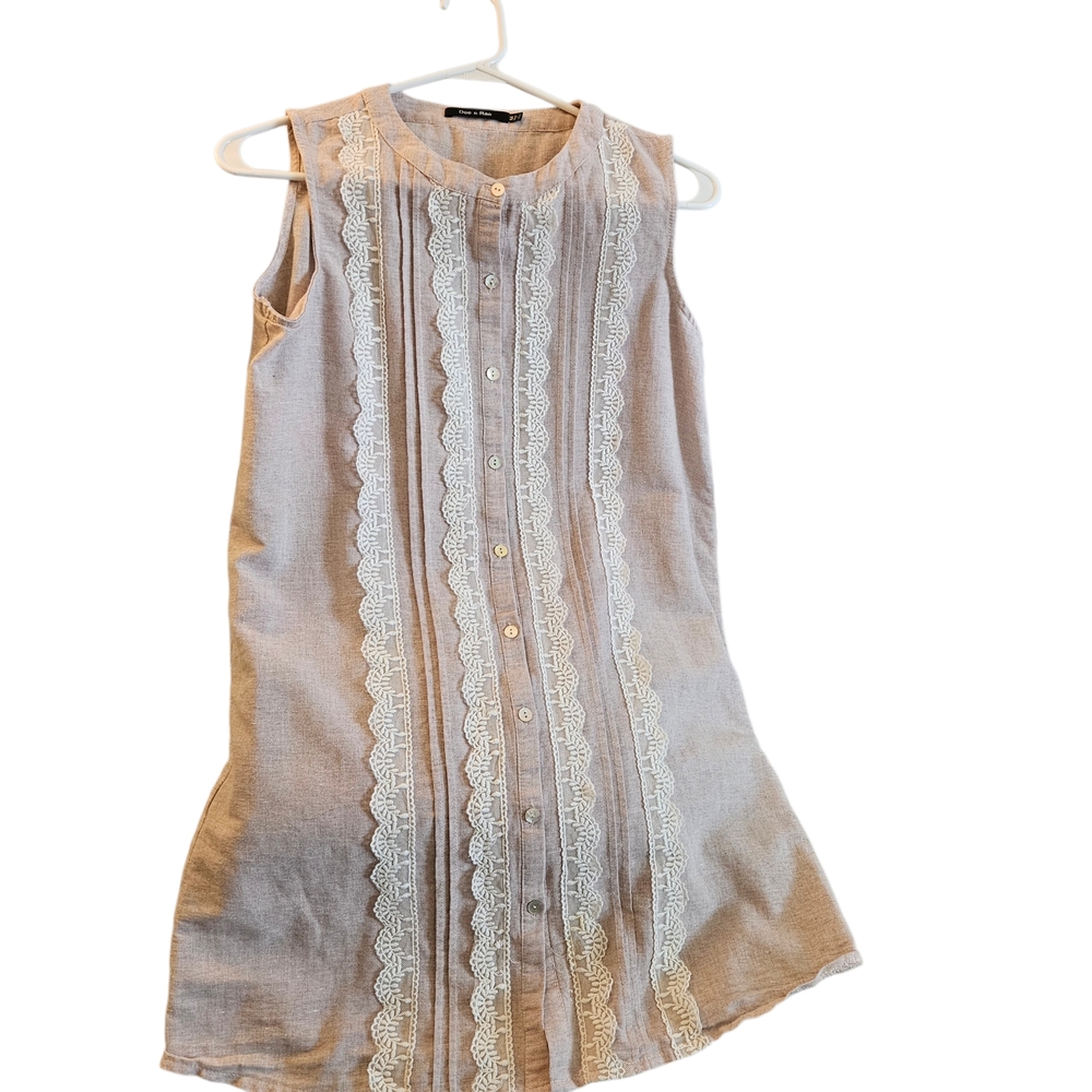 Doe & Rae Dusty Rose Sleeveless Linen-Blend Button Front Dress with Lace Trim